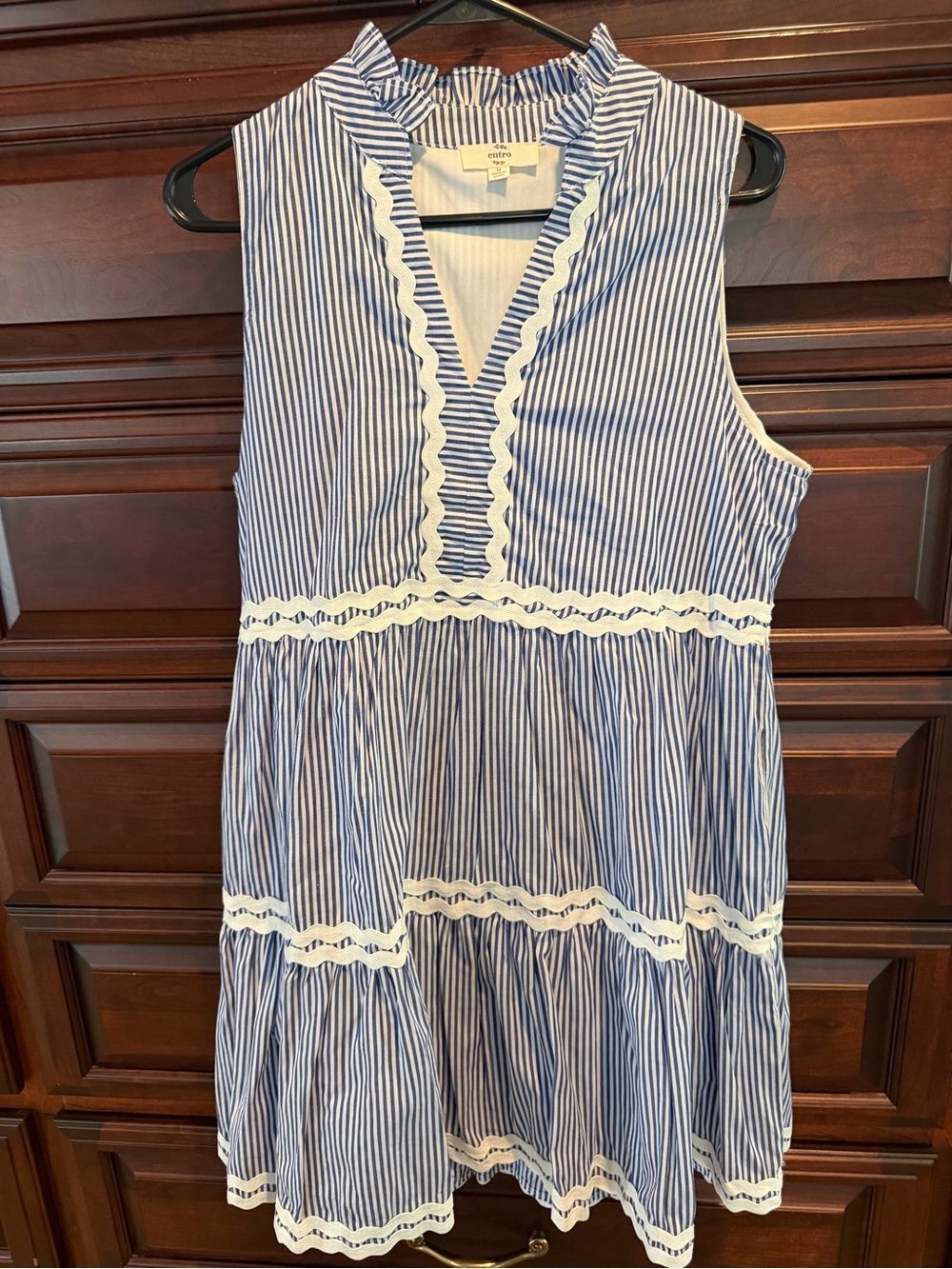 entro Blue and White Striped Mini Dress with Scalloped Trim
